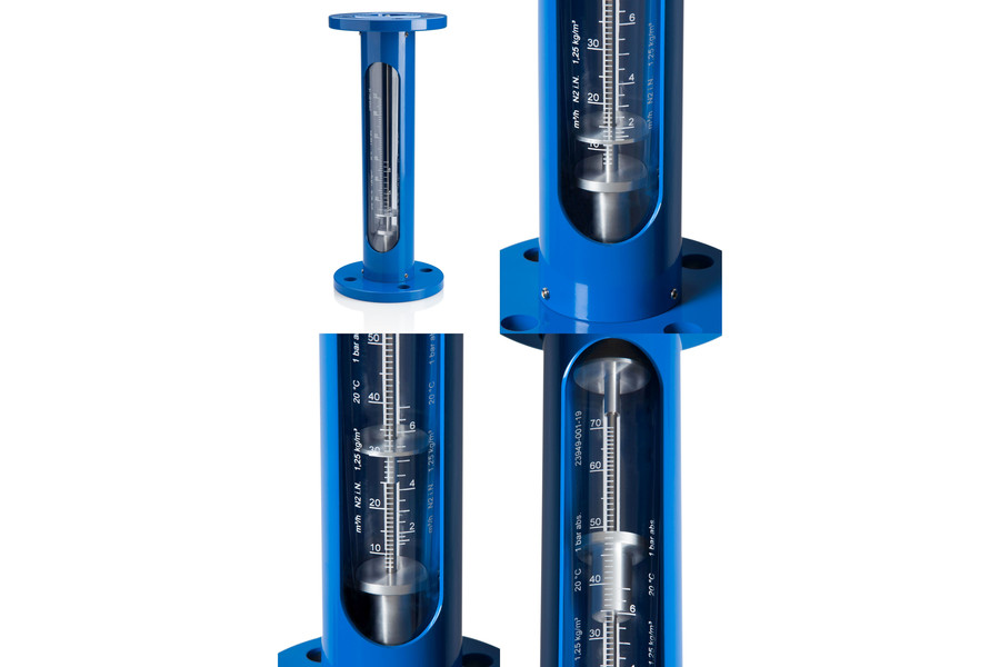 Two floats in a flow meter with glass tube